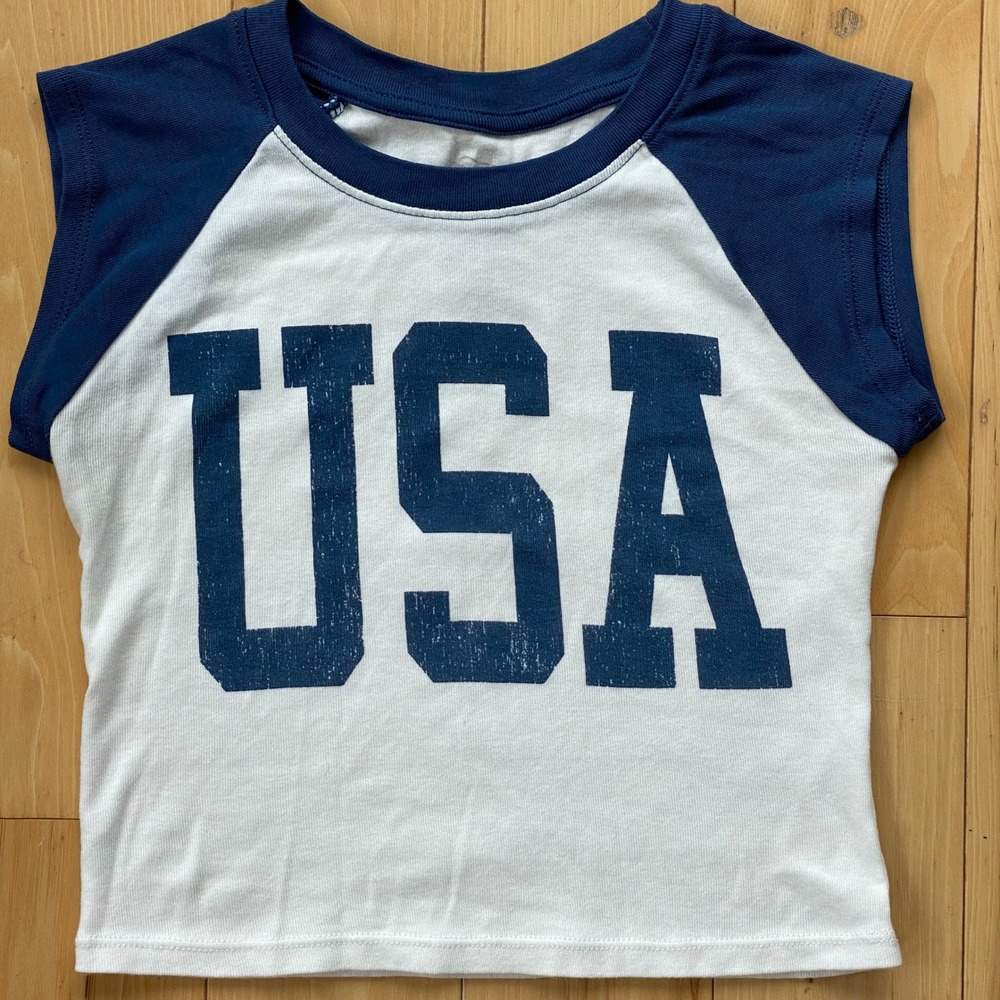 Art Class Americana White USA Baby Tee Blokette Sporty Chic Cropped - Fits XS/S